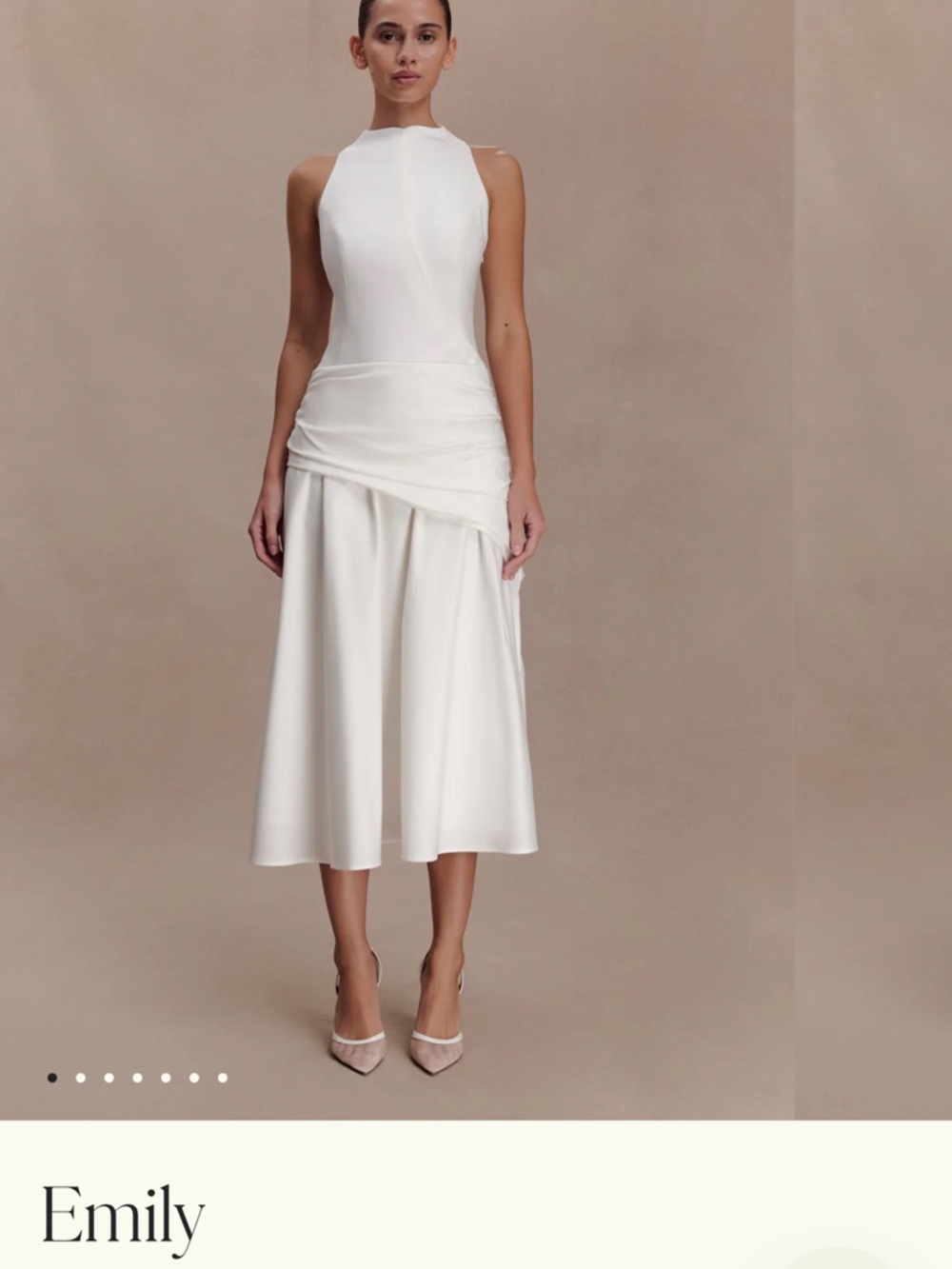 Meshki White High-Neck Draped Midi Dress